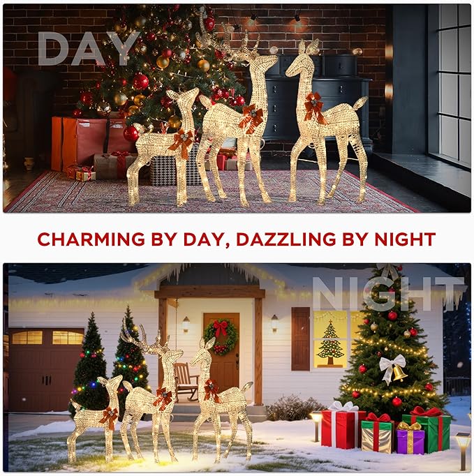 Outdoor Lighted Reindeer Family Christmas Decor, 3-Piece Large Deer (Buck/Doe/Fawn) Holiday Lawn Decorations Set, 210 Warm White LED, Metal & Rattan, Perfect for Yards, Garden