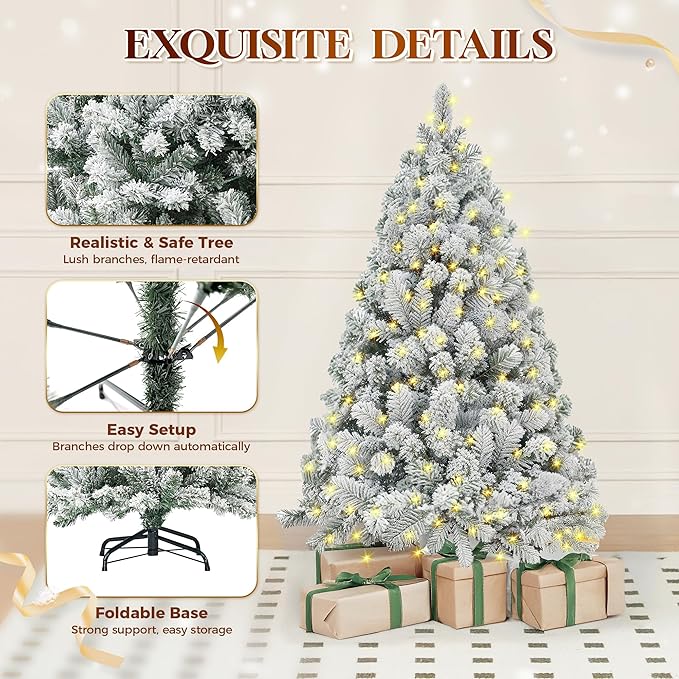 HOLLO STAR 4.5 ft Flocked Prelit Christmas Tree with 200 LED Lights, App Control, Artificial Christmas Tree, Multi-Color RGBW Lights, 400 Branch Tips, Snow Xmas Tree, for Home, Party