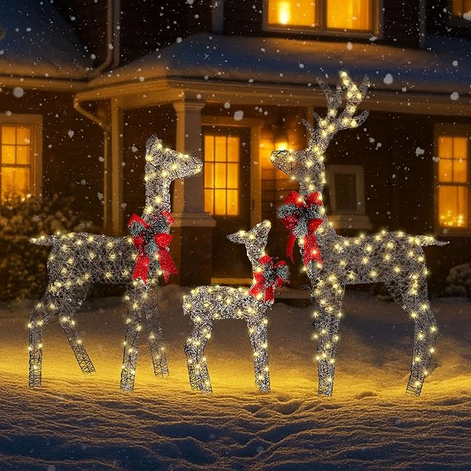 3-Piece Large Pre-Lit Christmas Deer Family Set Outdoor Yard Decorations, 55" Tall Frosted Rattan Deer Lighted Holiday Displays with 350 Warm LEDs, Stakes & Zip Ties for Front Door Garden Lawn