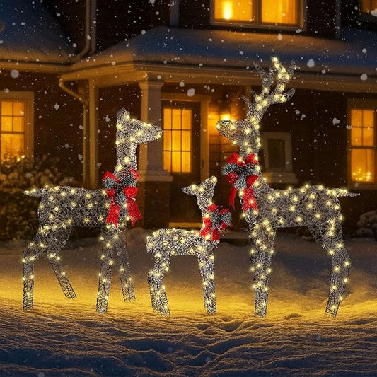3-Piece Large Pre-Lit Christmas Deer Family Set Outdoor Yard Decorations, 55" Tall Frosted Rattan Deer Lighted Holiday Displays with 350 Warm LEDs, Stakes & Zip Ties for Front Door Garden Lawn