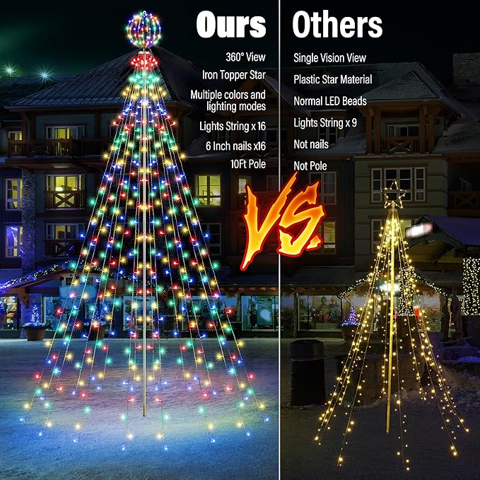 Lomotech Color Changing Christmas Tree Lights - 10Ft 444 LED with 7.8" Ball, Remote Controll Waterproof Iron Pole Waterfall Lights for Outdoor Christmas Decorations (White to Multicolor)