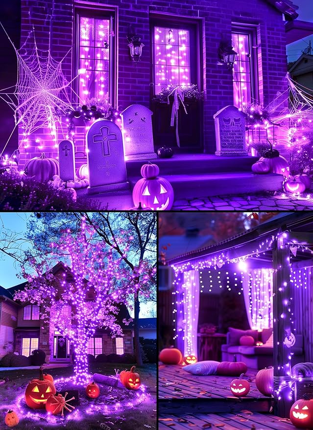 Purple-Halloween-Lights-Outdoor, 33FT 100 LED Waterproof Christmas String Lights with 8 Lighting Modes, Connectable Halloween Decorations for Haunted House Ghost Holiday Party Xmas Tree Lights Decor
