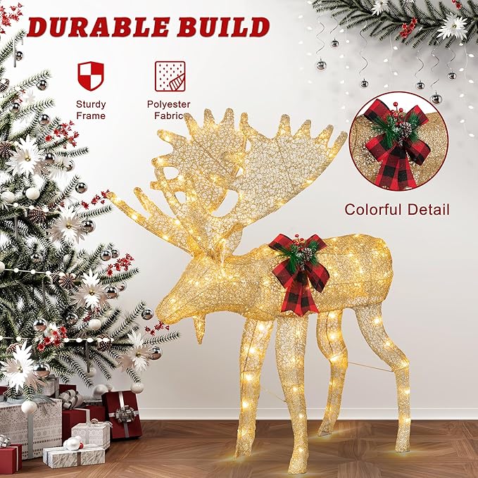 Vongrasig 2-Piece 3D Lighted Christmas Reindeer Family, Pre-Lit Gold Christmas Decor Deer with 170 Warm White LED Lights, Outdoor/Indoor Festive Holiday Decoration for Yard Patio Lawn Garden Party