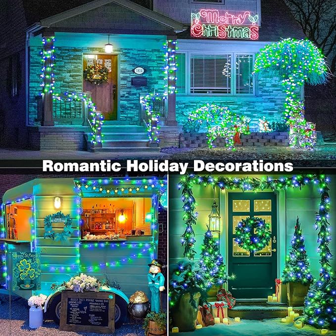 100FT 300 LED Christmas Lights Outdoor, Plug in Christmas String Lights Indoor, Waterproof & 8 Modes & Timer Function, Connectable Fairy Twinkle Light for Bedroom Yard Garden Decorations, Blue Green