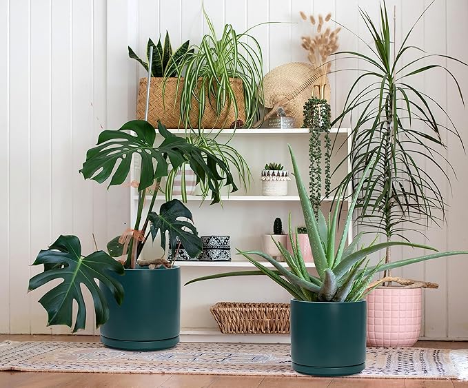 D'vine Dev 6 Inch & 8 Inch & 10 Inch, Set of 3 Round Ceramic Planter Pot with Drainage Hole and Saucer, Teal, 94-T-L-9