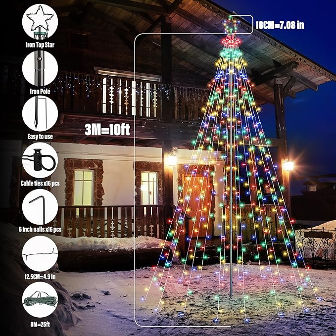 Lomotech Christmas Tree Lights - 10Ft 404 LED with 7.08" Topper, Remote Controll Waterproof Iron Pole Waterfall Lights for Outdoor Christmas Decorations (Multicolor)