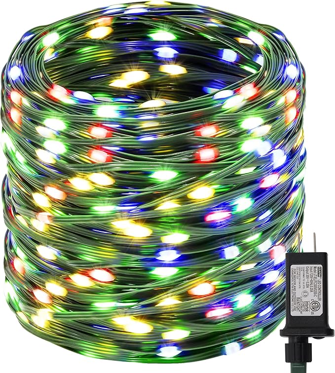 LJLNION 1000 LED Fairy String Lights, 328FT Long Outdoor Christmas Lights, Waterproof IP65 Green PVC Copper Wire Lights, 8 Lighting Modes Plug in for Xmas Tree Holiday Party Wedding Decor, Multicolor