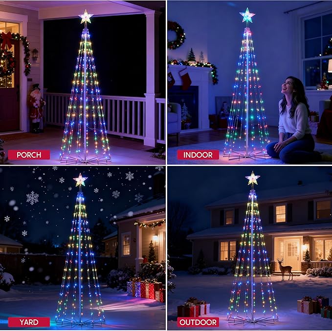 JOIEDOMI LED Christmas Cone Tree Lights, 6FT Outdoor Lighted Tree with 8 Lighting Modes & Star Topper, Christmas Decorations for Yard Porch Patio Garden Holiday Decor, Warm White
