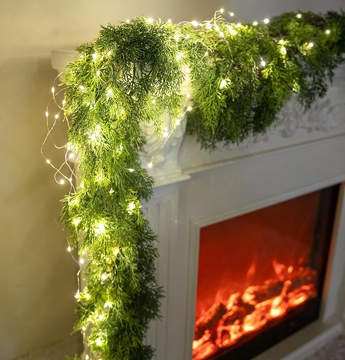 6FT Christmas Garland PARTY JOY Cedar Garland with 9.8FT LED String Lights, Greenery Plant for Christmas Decorations Table Mantle Background Wall Room Outdoor Indoor Winter Decoration