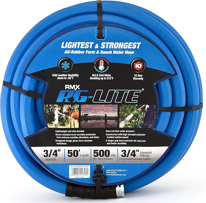 AG-LITE BSAL3450 3/4" x 50' Hot/Cold Water Rubber Garden Hose, 100% Rubber, Ultra-Light, Super Strong, 500 PSI, 50F to 190F Degrees, High Strength Polyester Braided