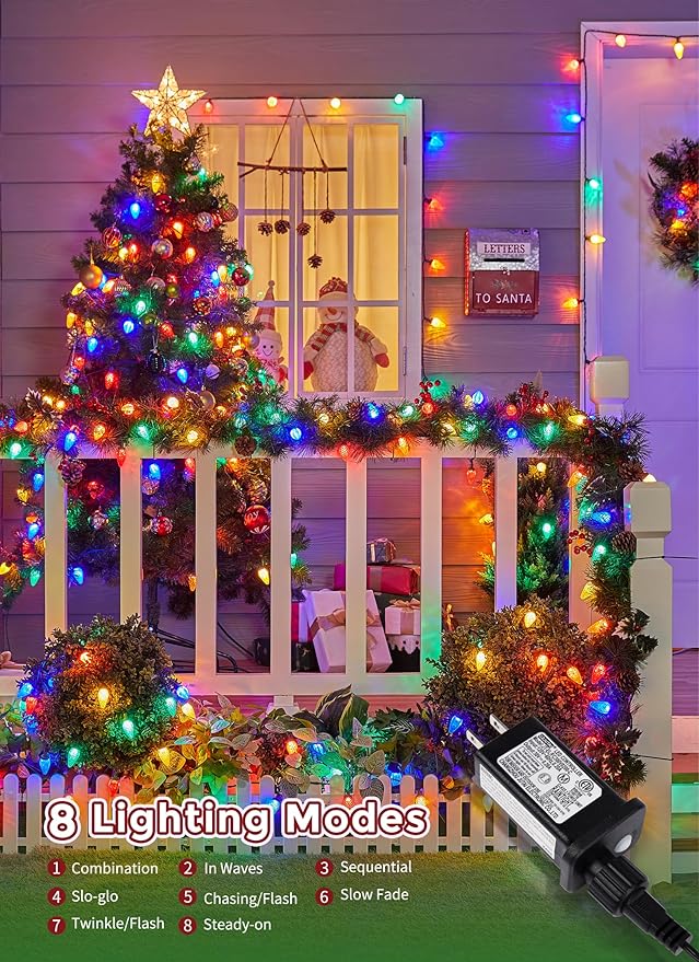 Minetom C9 LED Christmas Lights Outdoor, 81 Feet 100 LED String Light with Timer & 8 Lighting Mode, Waterproof Commercial Grade Christmas Tree Lights for Outside Indoor Roofline Patio, Multicolor