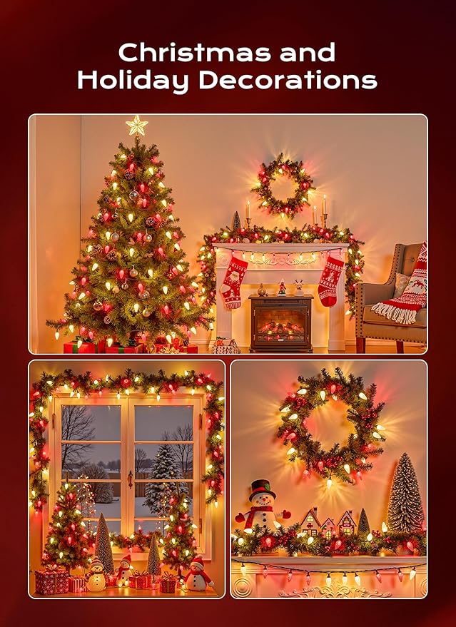 C9 Christmas Lights Outdoor, 33 FT 50 LED Connectable C9 String Lights with 8 Modes and Timer Xmas Tree Patio Roofline Garden Yard Holiday Party Indoor Outdoor Decoration, Red and Warm White