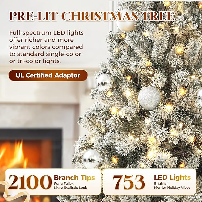 HOLLO STAR 9 ft Flocked Prelit Christmas Tree with 753 LED Lights, App Control, Artificial Christmas Tree, Multi-Color RGBW Lights, 2100 Branch Tips, Snow Xmas Tree, for Home, Party