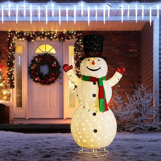 Glitzhome 8FT Giant Lighted Christmas Snowman, Large Foldable White Outdoor 3D Christmas Holiday Snowman Decoration w/ 430 LED Lights, Hat, Scarf, Multicolored Lights