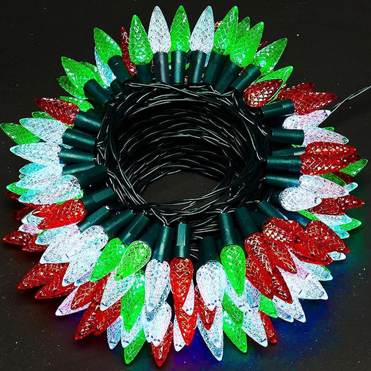 WBao C6 Battery Operated Christmas String Lights, 100 LED 33ft with 8 Modes, Timer, Waterproof for Indoor Outdoor Christmas Trees, Fence, Stairs Xmas Decorations, Red Green White