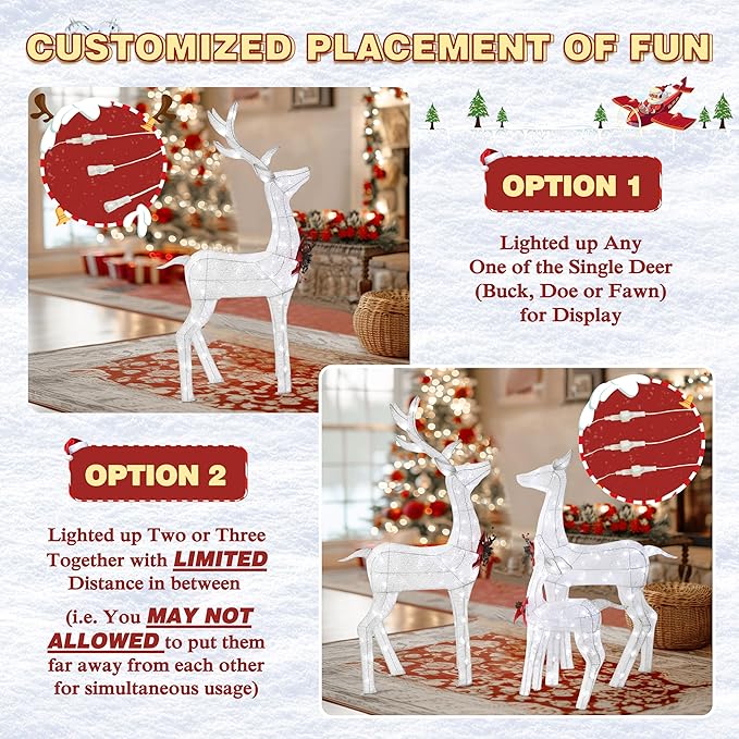 4.5FT Lighted Reindeer Family Set for Christmas Decoration, 3 Pieces Pre-Lit Iridescent Deer Xmas Decor with 200 LED Lights, 3D Glittered Standing Holiday Display for Outdoor, Indoor, White