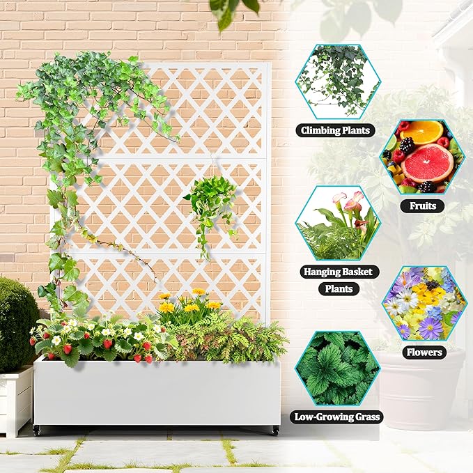 Metal Planter Box with Trellis, Planter Box with Privacy Screen, Privacy Trellis Outdoor for Climbing Plants with Drainage Holes, Raised Garden Bed with Wheels
