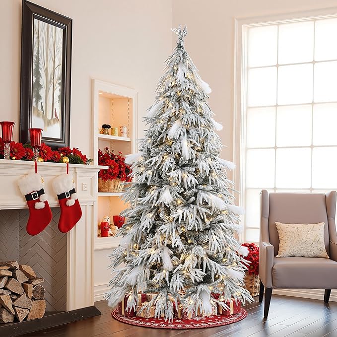 LuxenHome 6.5FT Flocked Artificial Christmas Tree, Downswept Branches Spruce Prelit Christmas Trees with 350 Warm White LED Lights and Feather Accents, 2522 PE+PVC Tips, Xmas Tree Holiday Decor