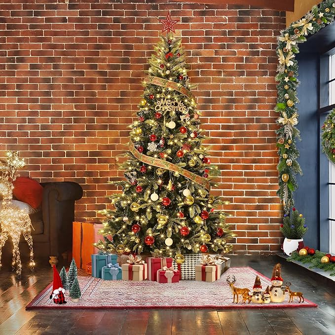 6.5 FT Pre-Lit Pencil Christmas Tree – 300 Warm White Lights, Auto-Hinged Expansion, Foldable Metal Stand, PE & PVC Construction – for Porch, Party, Office, and Home Decor