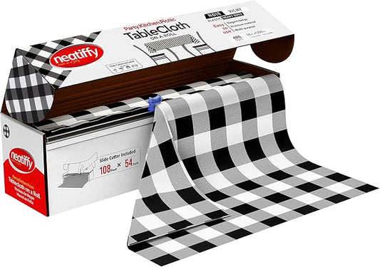 Neatiffy Disposable Plastic Table Cloth Roll | 54 in x 108 Ft Waterproof Tablecloth | Table Cover for Rectangle, Square, Round Oval Tables | Picnic, Party, Banquet, Birthdays, Weddings, BlackCheckered