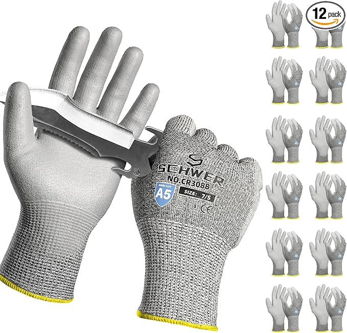 Schwer 12 Pairs ANSI A5 Cut Resistant Work Gloves, Cut Proof Gloves with PU Coating, Used for Metal Fabrication, WoodWorking, Construction, Non Slip, Durable, XS, CR3088