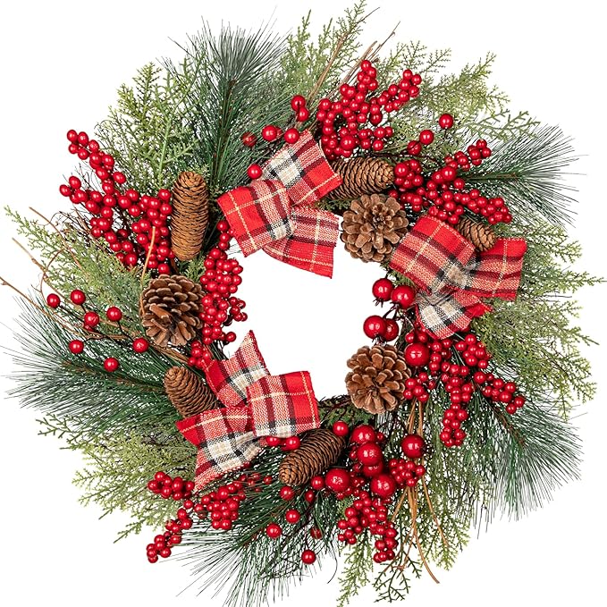 20 Inch Artificial Christmas Wreath with Red Berries, Pine Cones, Cedar Pine Needles, Bow Ties - Indoor/Outdoor Decoration for Front Door
