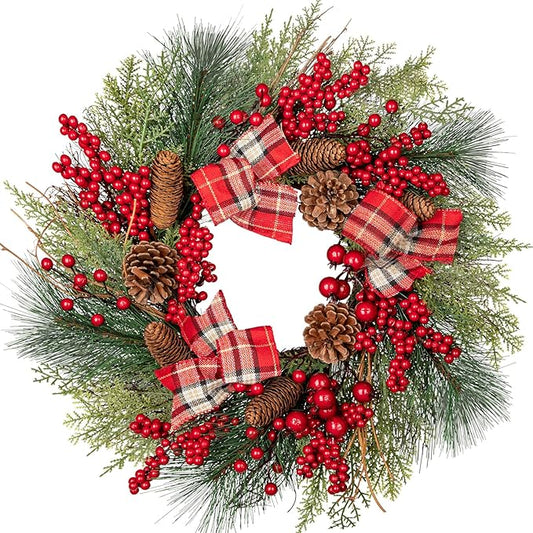 20 Inch Artificial Christmas Wreath with Red Berries, Pine Cones, Cedar Pine Needles, Bow Ties - Indoor/Outdoor Decoration for Front Door