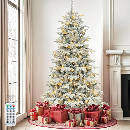 DWVO 6.5 FT Pre-Lit Snow Flocked Christmas Tree, Layered Artificial Xmas Tree with 760 PE & PVC Branch Tips and 350 Multi-Mode Lights for Home, Office, and Party Decor with Remote Control