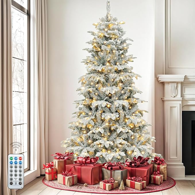 DWVO 7.5 FT Pre-Lit Snow Flocked Christmas Tree, Layered Artificial Xmas Tree with 1010 PE & PVC Branch Tips and 450 Multi-Mode Lights for Home, Office, and Party Decor with Remote Control