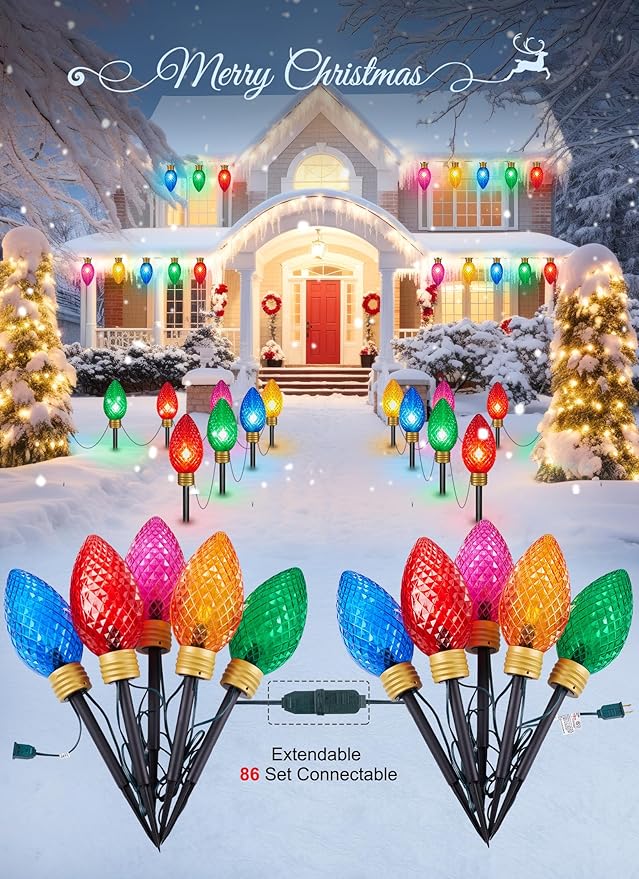 Minetom 2 Pack 11Feet 5 LED Super Jumbo Christmas String Lights, Outdoor Christmas Pathway Lights- Strawberry Jumbo C9 Hanging Lights Waterproof Lawn Decorations for Holiday Tree Roof