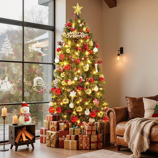 6 FT Pre-Lit Artificial Christmas Tree, Norway Spruce, 250 Warm White Light, Automatic Hinge Expansion, Artificial Christmas Pencil Tree with Pine Cones, Holly Berries & Stand, Green