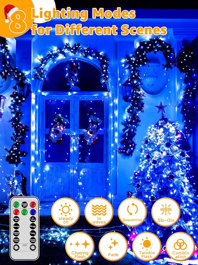 500 LED 164 FT Christmas Lights, Waterproof Outdoor String Lights with Remote and Timer, Christmas Tree Lights with 8 Modes Dimmable, Fairy Lights for Holiday Decor (Blue)