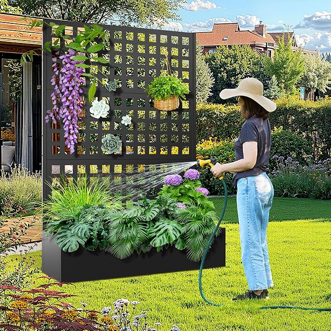 Metal Raised Garden Bed with Trellis, 2 in 1 Trellis with Planter Box & Privacy Screen for Climbing Plants, Vine, Outdoor Standing Flower Beds with Drainage Holes, 47.2"L x 16.7"W x 70.8"H, Black
