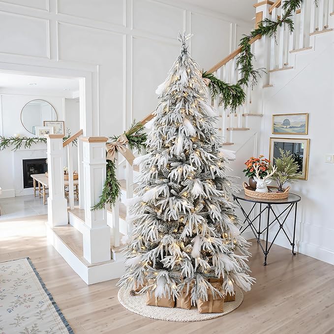 LuxenHome 6.5FT Flocked Artificial Christmas Tree, Downswept Branches Spruce Prelit Christmas Trees with 350 Warm White LED Lights and Feather Accents, 2522 PE+PVC Tips, Xmas Tree Holiday Decor