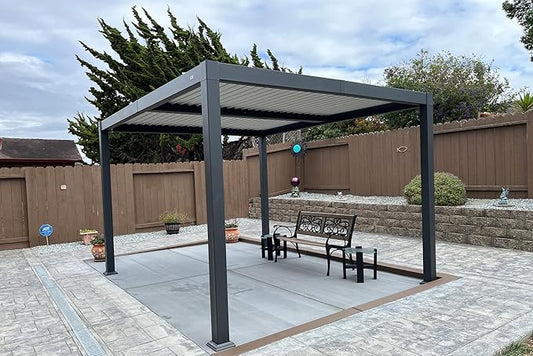 PURPLE LEAF Louvered Pergola 10' x 12' Outdoor Aluminum Pergola with White Adjustable Rainproof Roof Grey Frame Hardtop Gazebo for Patio Deck Garden