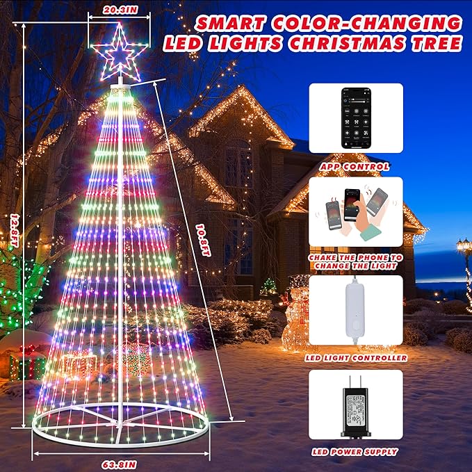 Outdoor Christmas Tree, 12 ft Prelit Christmas Tree, Smart Cone Outside Christmas Trees Light Show, App Control with LED Lights Color Changing Christmas Trees Lighting