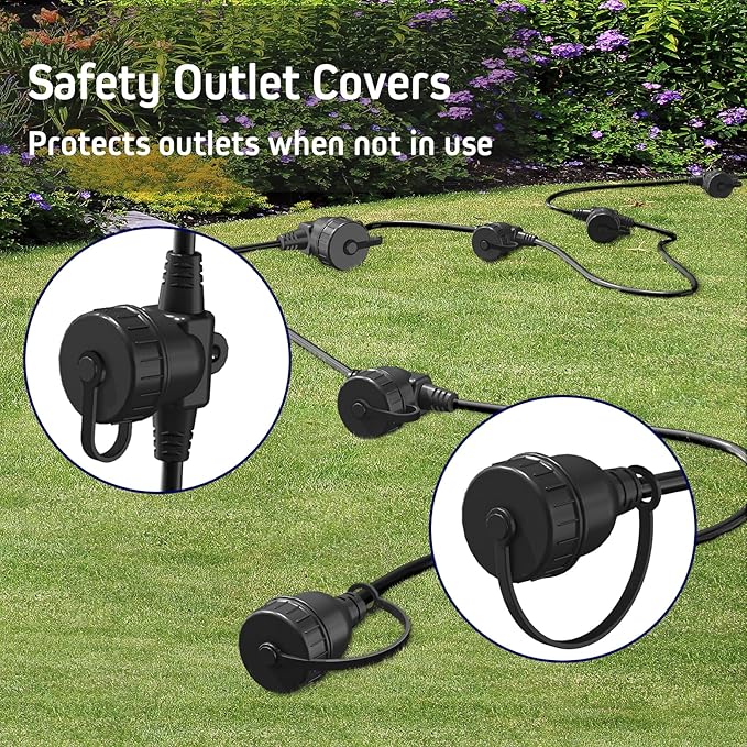 50FT Black Outdoor Extension Cord, Evenly Spaced 6 Outlets Plugs with Waterproof Cover, 16/3 SJTW Weatherproof Multiple Outlets Wire for Holiday Light and Halloween Christmas Decoration, ETL Listed