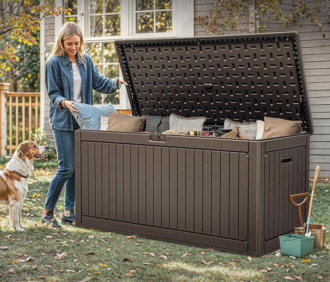 YITAHOME 260 Gallon Double-Wall Deck Box with Divider & Side Handles, Outdoor Large Storage for Patio Furniture Cushions, Garden Pool Accessories, Water Resistant & Lockable, Dark brown