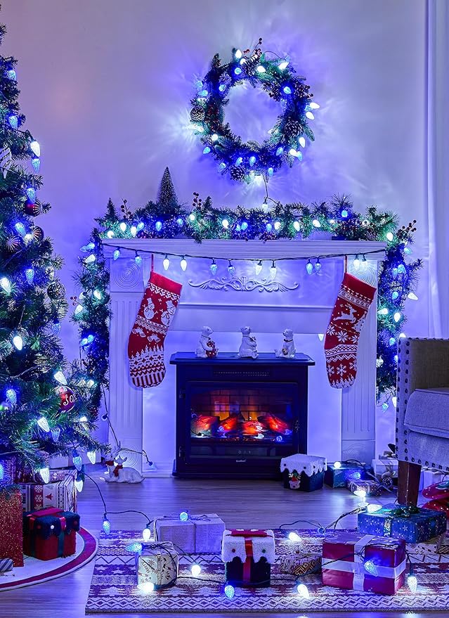 Brightown C9 Christmas Lights Outdoor, 114FT 150 LED Blue and Pure White String Lights with Timer, 8 Modes, UL Listed Waterproof Connectable Christmas Tree Lights for House, Roof, Garden, Patio Decor