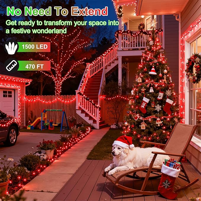 470FT 1500LED Christmas Lights, 12 Modes Red Outdoor String Lights with Timer & Dimmable, Waterproof Green Wire Christmas String Lights for Indoor Tree Xmas Patio Fence Balcony Garden Party Decor