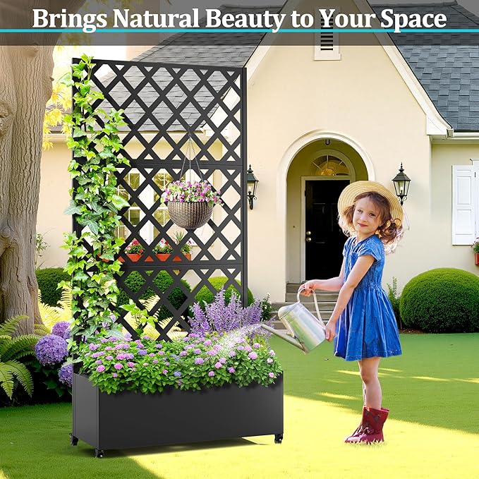 Metal Planter Box with Trellis, Planter Box with Privacy Screen, Privacy Trellis Outdoor for Climbing Plants with Drainage Holes, Raised Garden Bed with Wheels