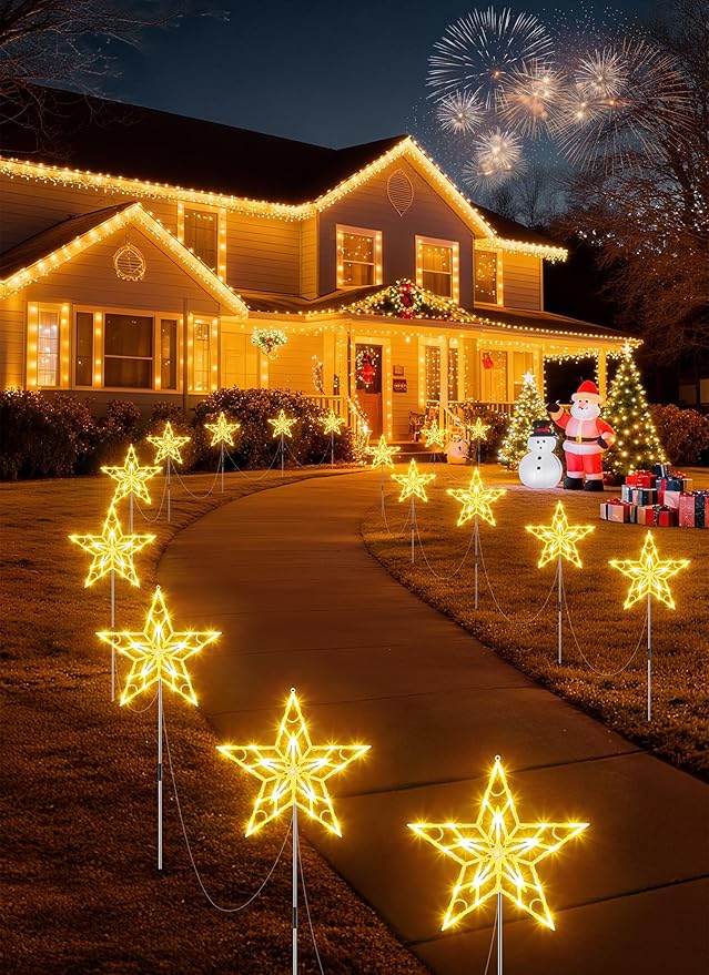 Christmas Pathway Lights Outdoor, 10 Large Outside Christmas Star Lights Decorations for Yard, Waterproof Stake Decorative Star Light for Sidewalk Lawn Path Walkway Driveway Marker, Warm White
