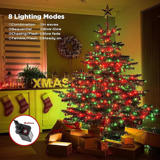 WBao Christmas Lights Indoor Outdoor 500LED 174ft, Super Bright LED Christmas String Lights with UL Certified, 8 Lighting Modes, Timer, Memory & Waterproof for Trees, Patio, Party Decor, Red Green