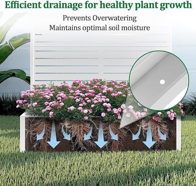 Metal Raised Garden Bed with Trellis, 2 in 1 Trellis with Planter Box & Privacy Screen for Climbing Plants, Vine, Outdoor Standing Flower Beds with Drainage Holes, 47" L x 16" W x 71" H, White