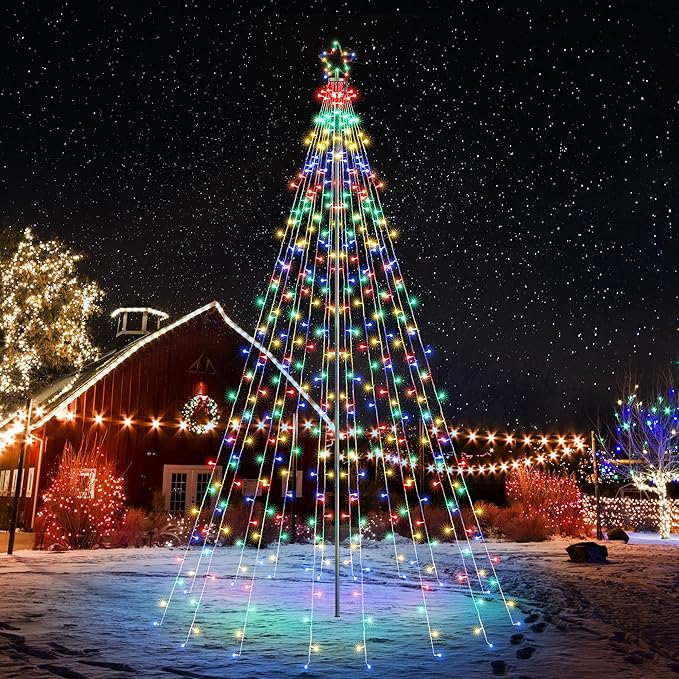 Lomotech Christmas Tree Lights - 10Ft 404 LED with 7.08" Topper, Remote Controll Waterproof Iron Pole Waterfall Lights for Outdoor Christmas Decorations (Multicolor)