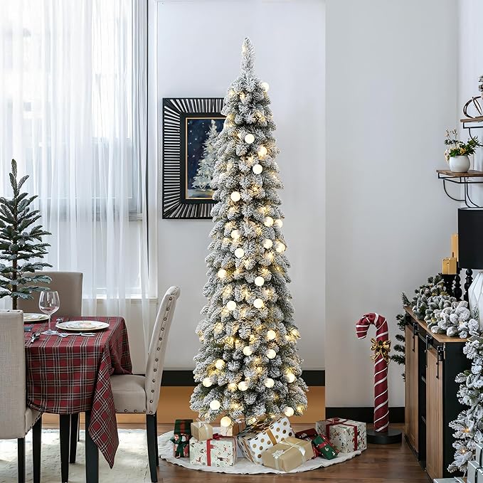 LuxenHome 6FT Flocked Christmas Tree, Slim Pencil Christmas Tree Pre-lit with 150 Warm White LED Globe Lights, Lighted Artificial Christmas Trees with Stand for Indoor, Outdoor Holiday Decorations