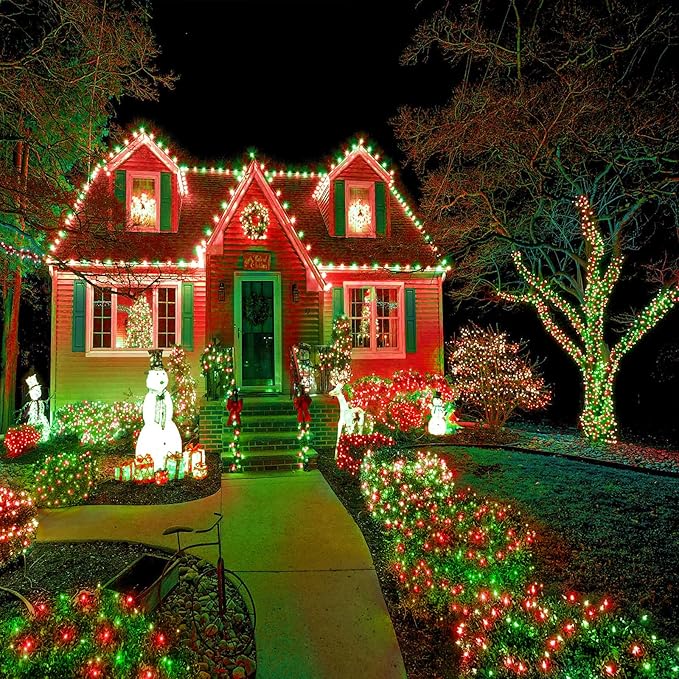 Christmas Lights, 66FT 200 LED Christmas Tree Lights with 8 Modes Waterproof, Plug in Extendable Green Wire Xmas Decorations Light for Indoor House Yard Party Holiday Decor, Red Green
