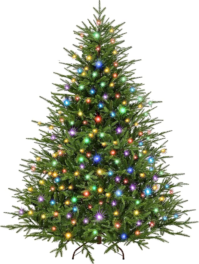 Yaheetech 6ft Full Christmas Tree with 550 Multicolored LED Lights & 1207 Unique Forked Tips,Hinged Tree for Garden,Office,Pre-lit Artificial Christmas Tree with Foldable Metal Stand,Green