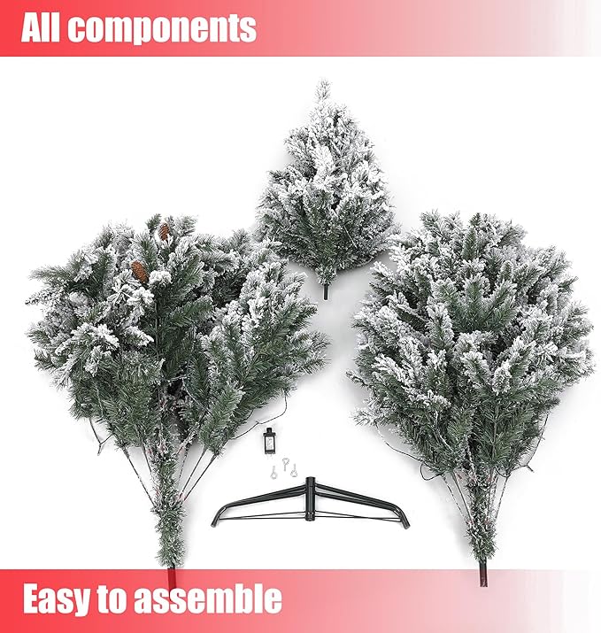 LuxenHome 7ft Flocked Christmas Tree with Lights, Full Artificial Christmas Tree with 350 Warm White LED Lights, and Snow Flocked Branches, Prelit Pine Tree for Indoor, Outdoor Holiday Décor