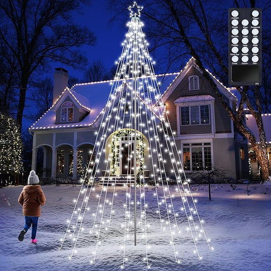 Lomotech Christmas Tree Lights - 10Ft 404 LED with 7.08" Topper, Remote Controll Waterproof Iron Pole Waterfall Lights for Outdoor Christmas Decorations (White)